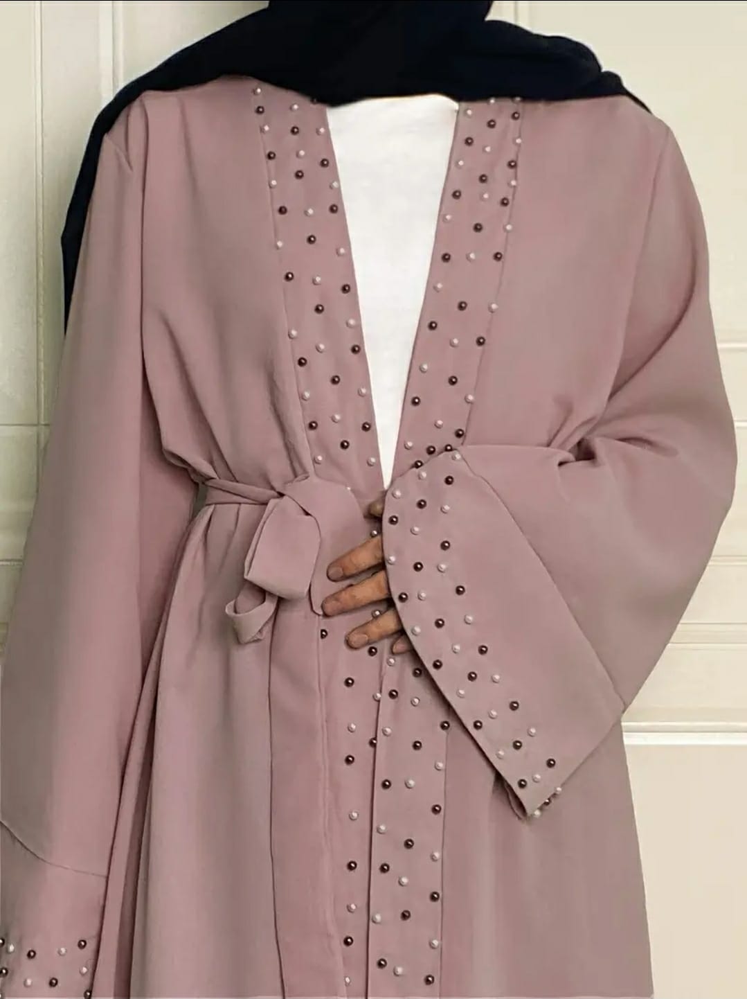 Elegant Abaya Robe, Women's Plus Beaded Detail Long Sleeve Open Front Turkish Robe With Belt