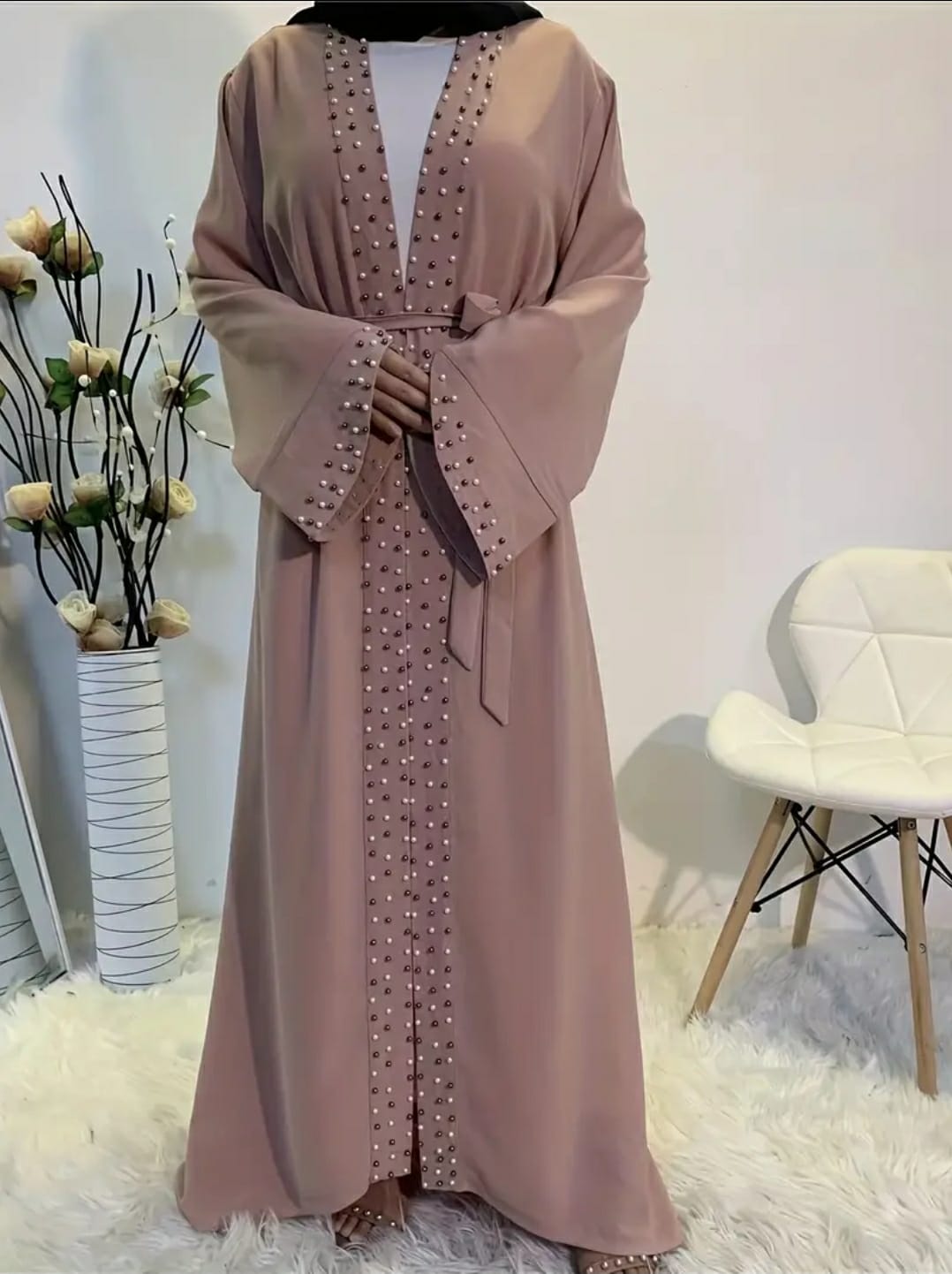 Elegant Abaya Robe, Women's Plus Beaded Detail Long Sleeve Open Front Turkish Robe With Belt