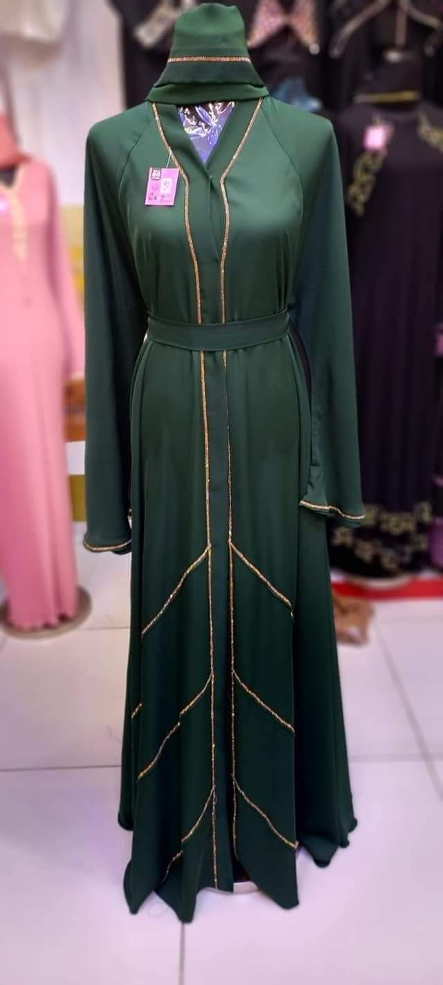 Black Nida Abaya with Golden lace and Belt Front Open