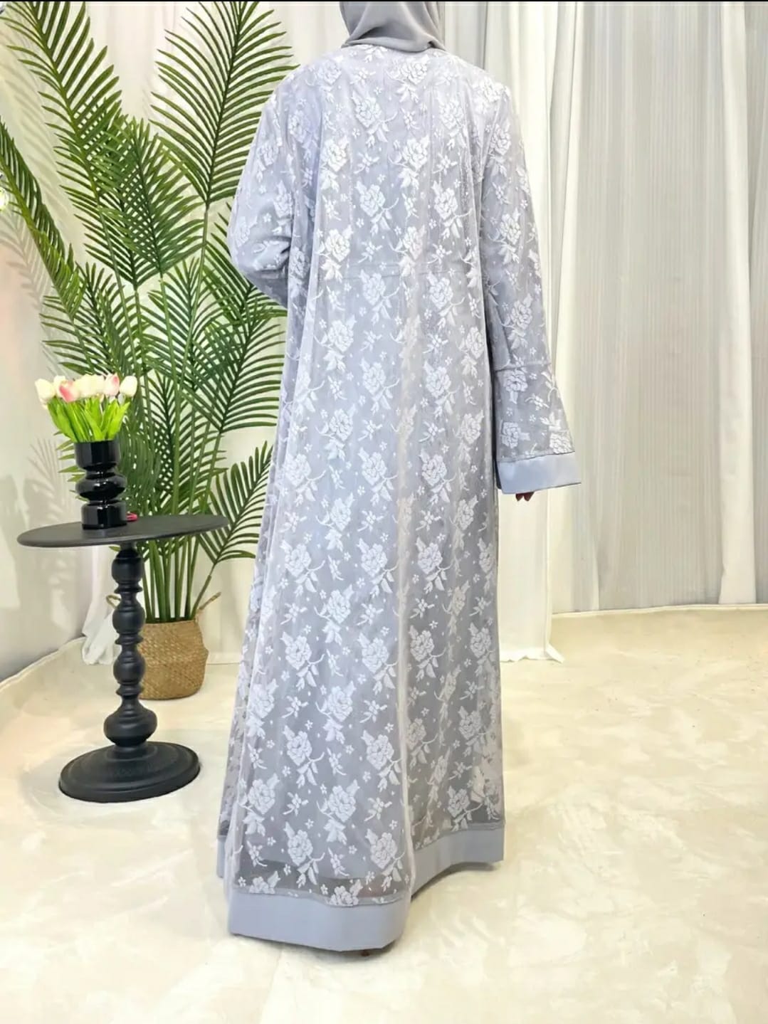 Elegant Two-piece Kaftan Abaya Set, Lace Open Front Coverup & Belted Crew Neck Abayas, Women's Clothing