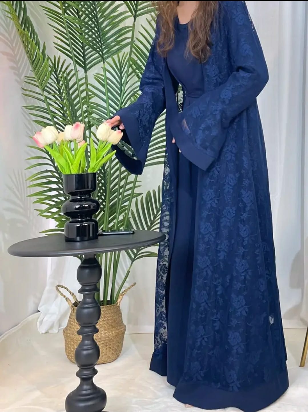 Elegant Two-piece Kaftan Abaya Set, Lace Open Front Coverup & Belted Crew Neck Abayas, Women's Clothing