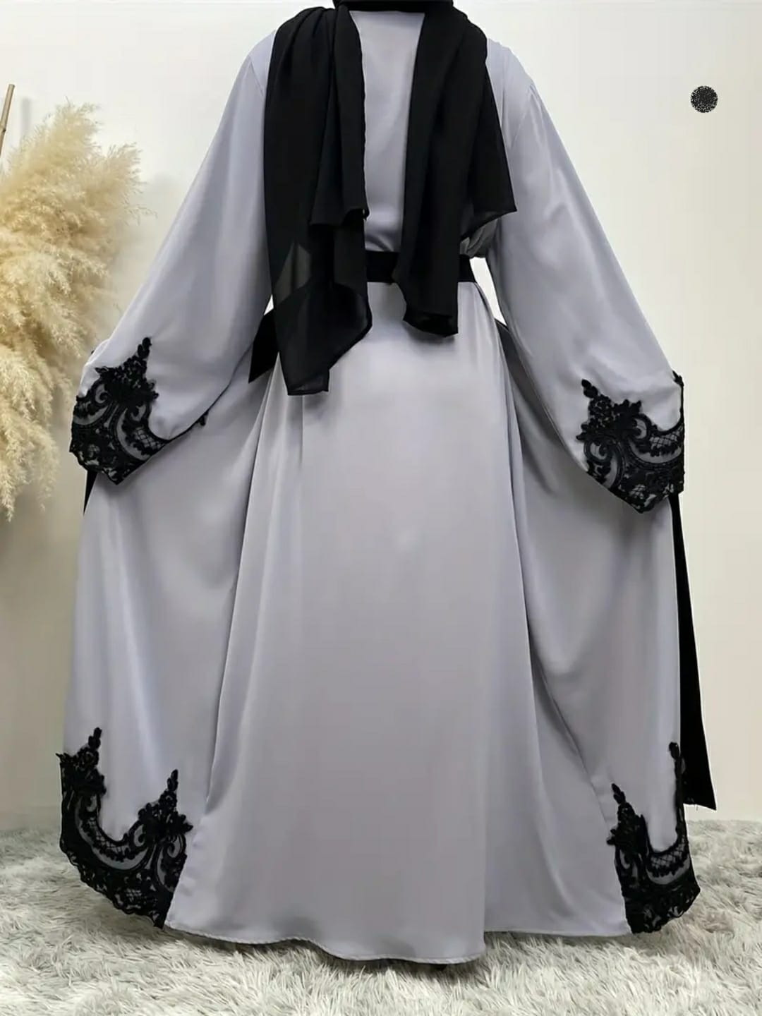 Grey Color Elegant Abaya Dress, Women's Plus Floral Embroidered Contrast Lace Modest Long Sleeve Open Front Jalabiya Dress With Belt