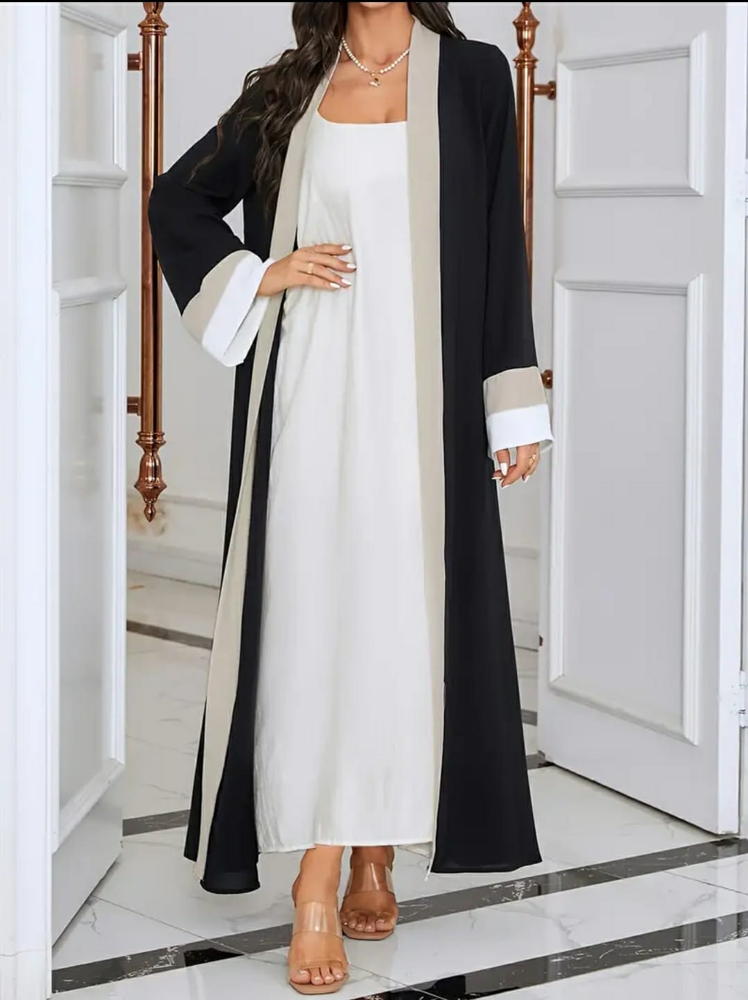Open Abaya Front Long Sleeve Kaftan Dress, Elegant Contrast Trim Maxi Length Dress, Women's Clothing
