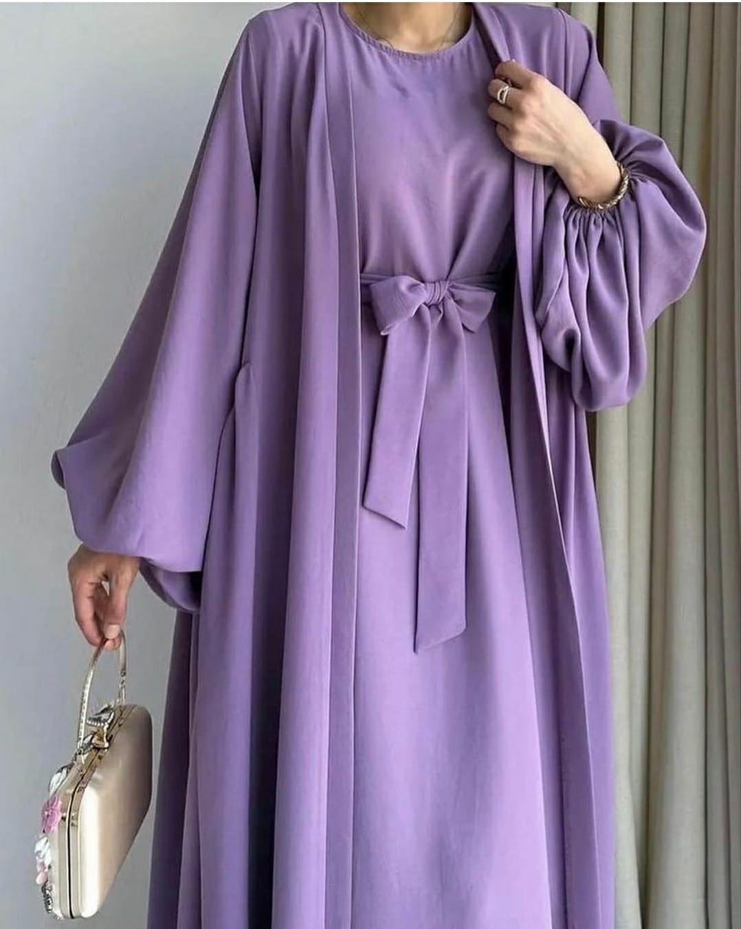 Elegant Two-piece Abayas Set , Loose Long Sleeve Belted Outwear & Maxi Length Solid Dress, Women's Clothing