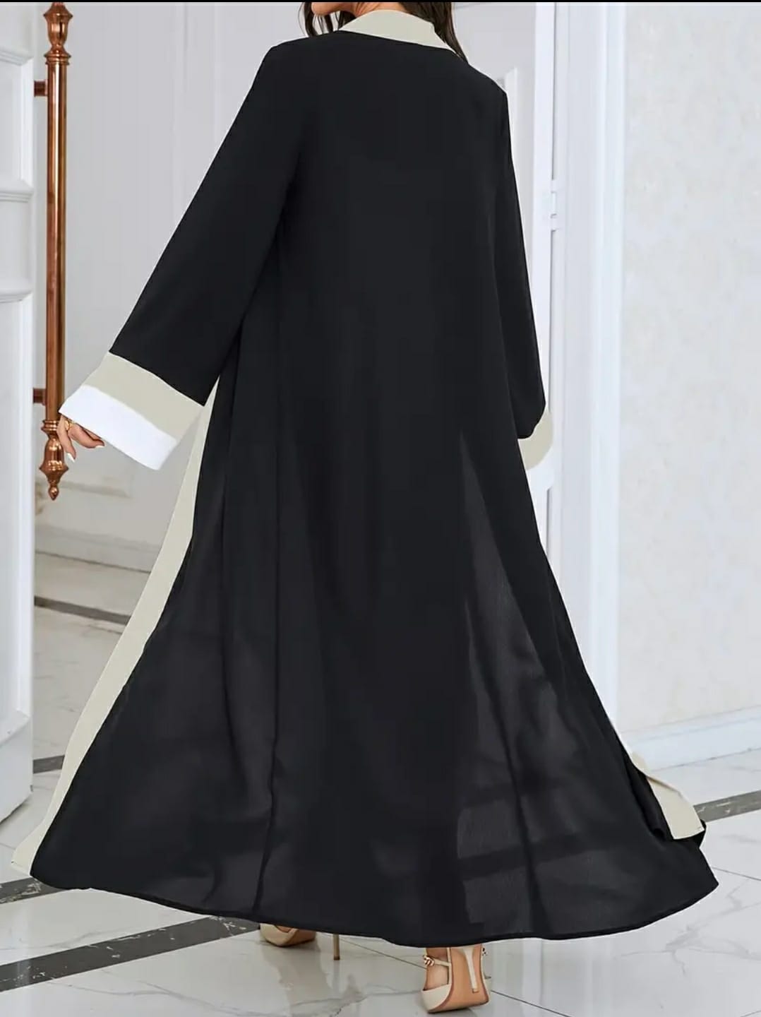 Open Abaya Front Long Sleeve Kaftan Dress, Elegant Contrast Trim Maxi Length Dress, Women's Clothing
