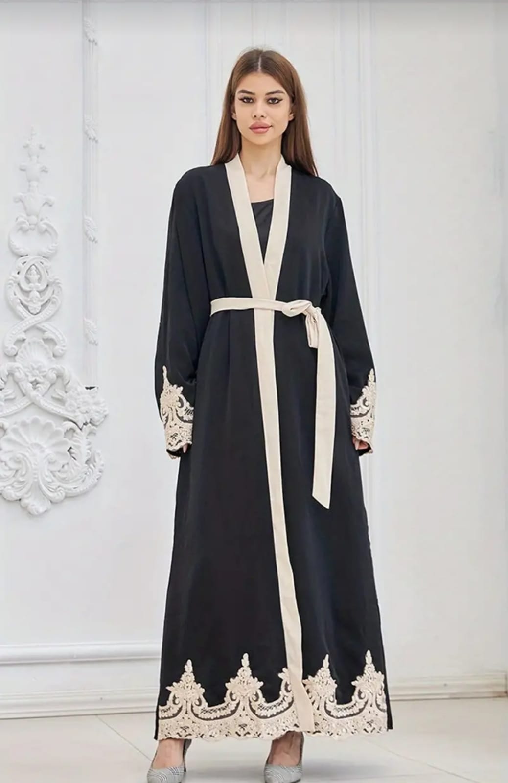 Samaira's Contrast Lace Open Front Kaftan Abaya, Elegant Long Sleeve Maxi Dress, Women's Clothing