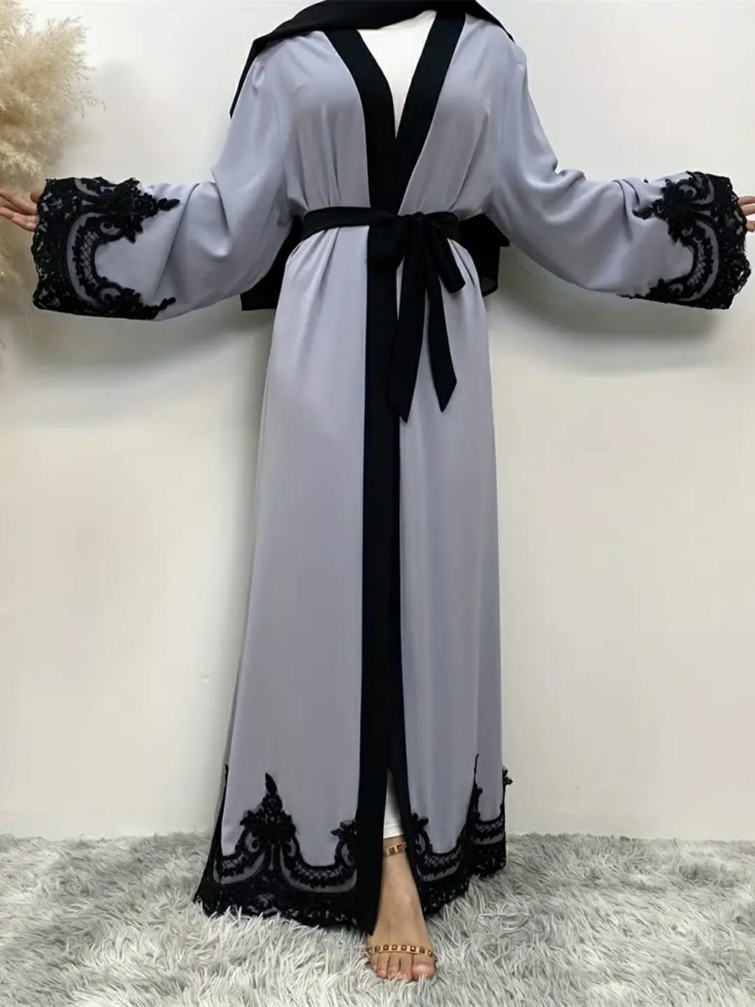Grey Color Elegant Abaya Dress, Women's Plus Floral Embroidered Contrast Lace Modest Long Sleeve Open Front Jalabiya Dress With Belt