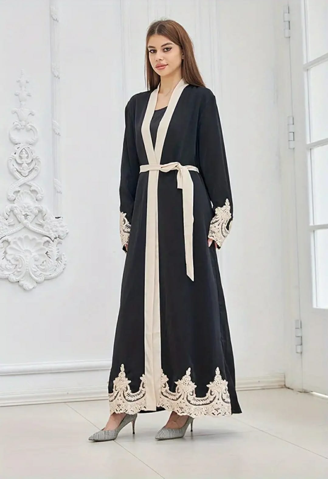 Samaira's Contrast Lace Open Front Kaftan Abaya, Elegant Long Sleeve Maxi Dress, Women's Clothing