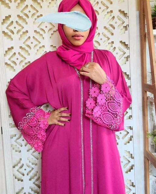 Dark Pink Blue Abaya with Laces in Hand Abaya