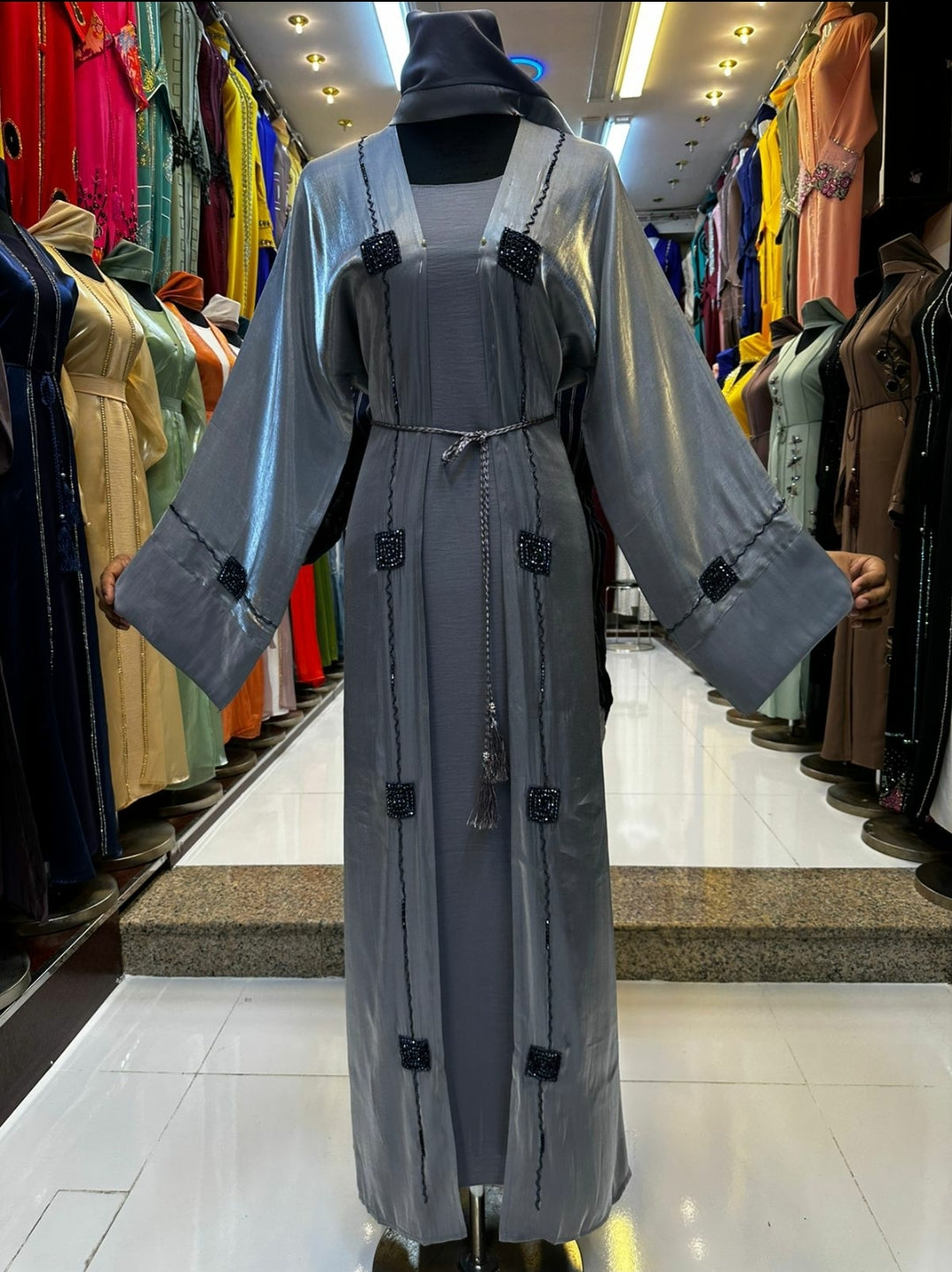 Shiny Grey Abaya with Inner and Belt